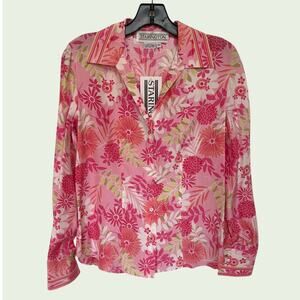 Starington Vintage Silk Floral Button Up Blouse w Cufflinks Deadstock w Tag sz 4